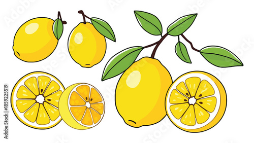 A collection of bright yellow lemons, whole and sliced, on a white background.