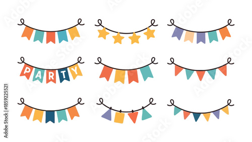 A collection of colorful party banners and bunting flags for celebrations.