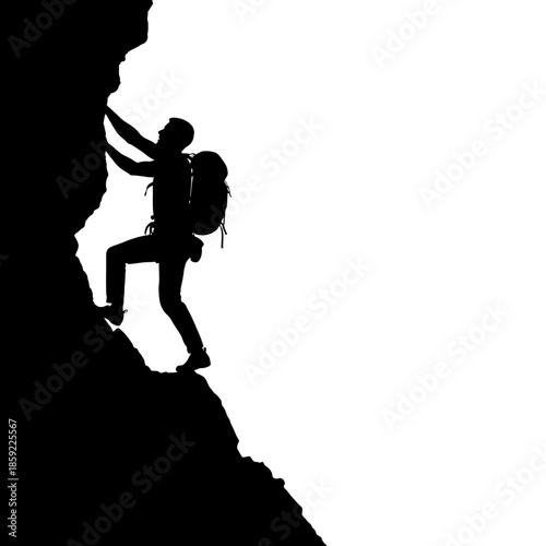 Silhouette of a rock climber ascending a steep rocky cliff face