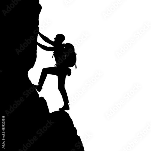 Silhouette of a climber scaling a rocky cliff with a backpack