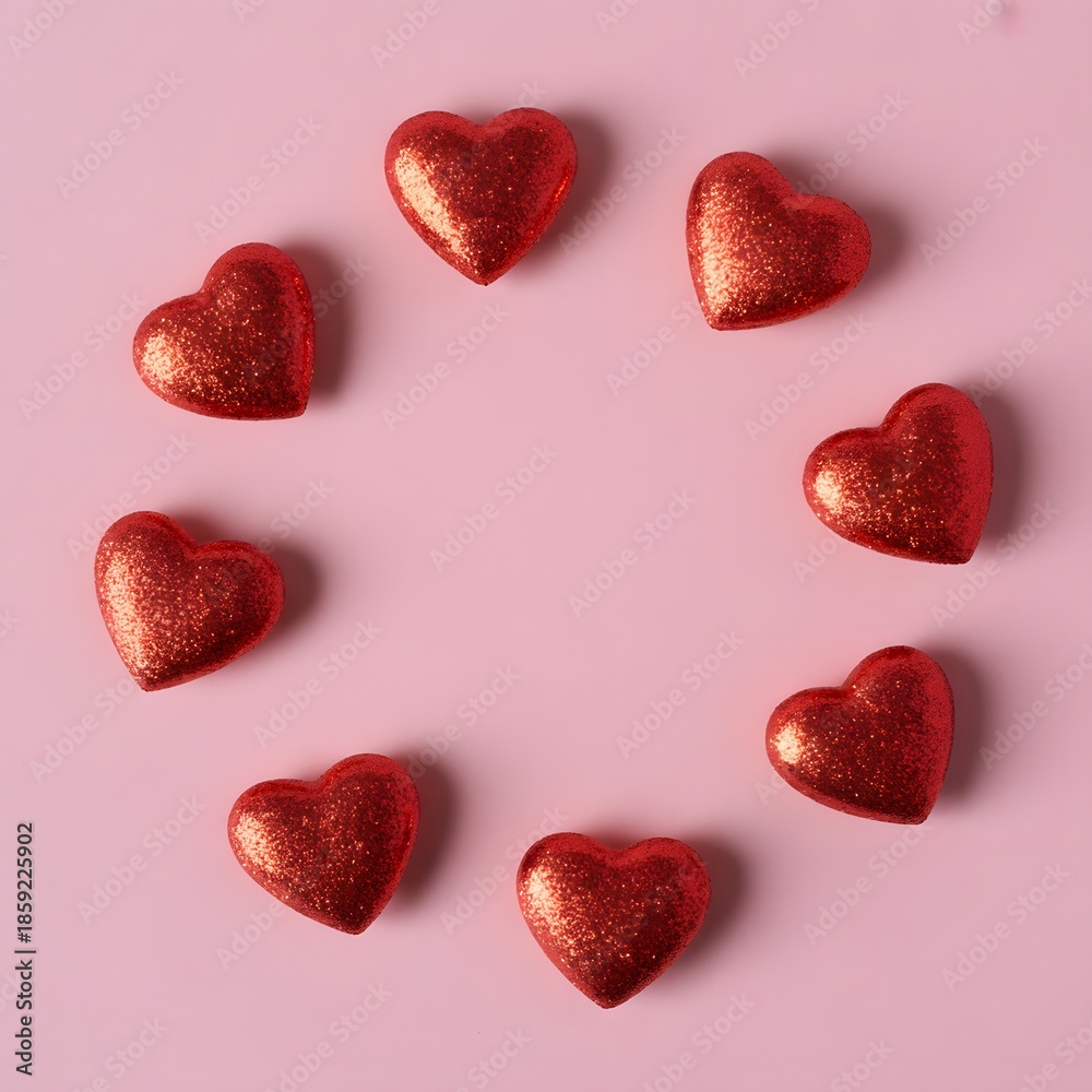 Obraz premium a flat lay showcasing seven vibrant red heart shaped chocolates arranged on a soft pastel pink background evoking feelings of love and affection high quality professional
