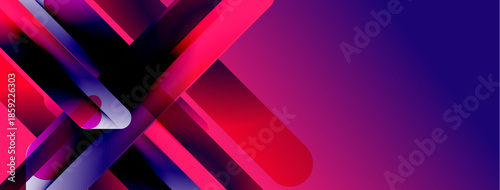 Abstract geometric shapes, vibrant colors blend. Red, purple, white create dynamic composition. Modern design, digital art style.