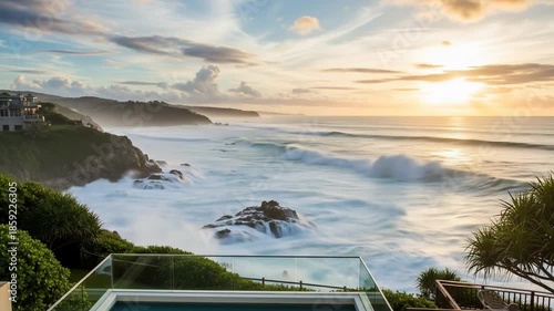 Ocean Waves Crashing Against Rocky Shoreline at Sunset: A Tranquil Coastal View with Luxurious