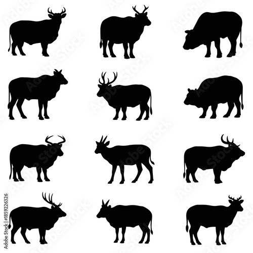 Silhouettes of various deer and wild boar animals against a white background