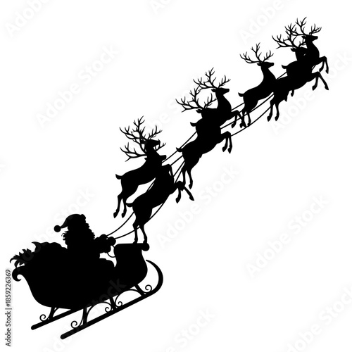Santa claus and his reindeer team flying across a winter sky