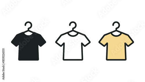 Three t-shirts hang on hangers against a white background.