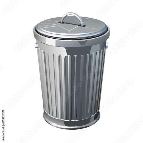 Isolated 3d illustration of an empty metal trash can or steel rubbish bin symbol for waste and recycling, featuring a clean vector icon design on a white background for junk and garbage disposal
