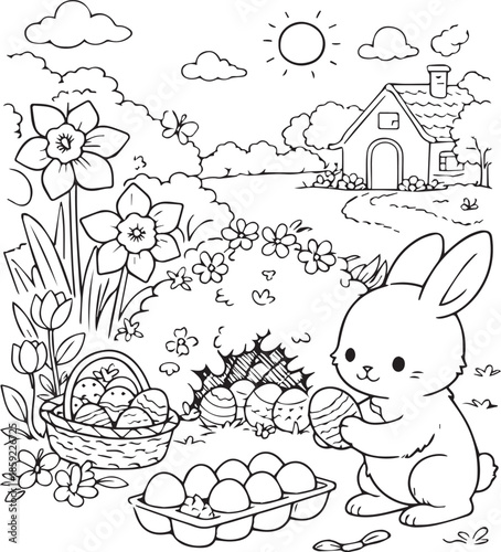Black and white Easter coloring page with a cute baby bunny hiding Easter eggs under a bush. Perfect for kids coloring books, spring activities, Easter crafts and printable holiday designs.