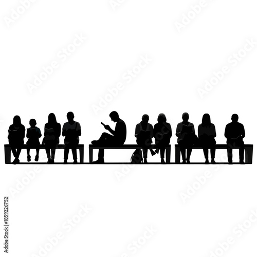A line of silhouetted people seated together some with distinct postures