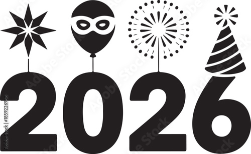 2026 celebration mark silhouette vector illustration icons. happy New Year 2026 silhouette vector illustration cons collection