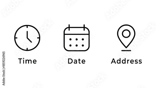 Icons representing time, date, and address are displayed on a white background.