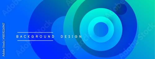 Abstract blue background features concentric circles, gradients. Modern design elements create dynamic visual impact. Simple text labels highlight purpose.