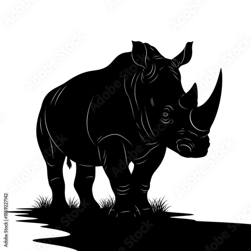 A striking black silhouette of a powerful rhinoceros with visible texture
