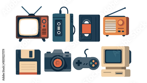 A collection of vintage technology items are displayed against a white background.