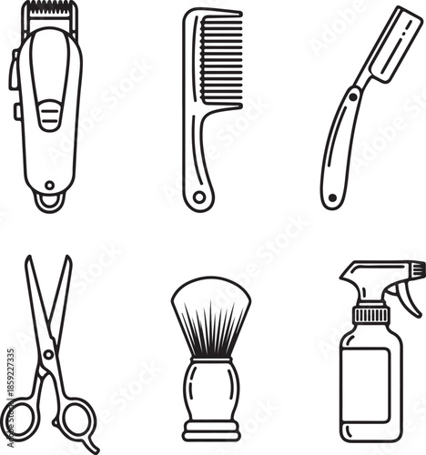 Set of six essential outline icons representing tools and equipment for professional hair cutting and grooming services