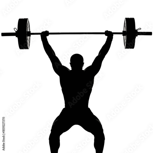 Silhouette of a weightlifter performing an overhead barbell lift with strength