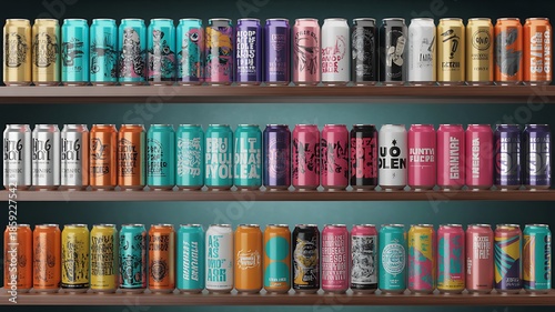 Rows of Colorful Craft Beer Cans on Wooden Shelves with Unique Designs and Artistic Labels Showcasing Variety