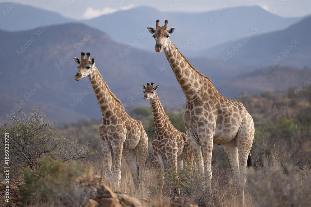 Obraz premium Giraffe family standing calmly in dry grassland with mountain background during daylight, showcasing tall animals in natural wildlife reserve environment