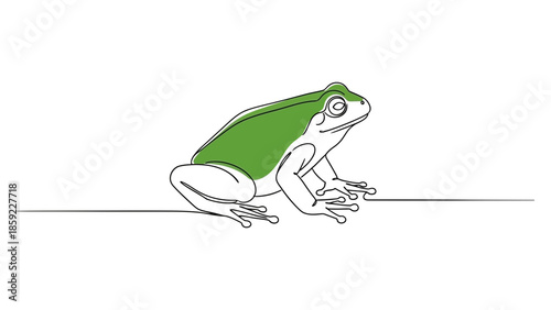 A green frog sits on a thin line against a white background.