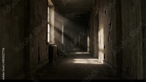 Inside the desolate, crumbling building, shafts of sunlight illuminate a long, dust-filled corridor, creating a profoundly haunted and eerie atmosphere