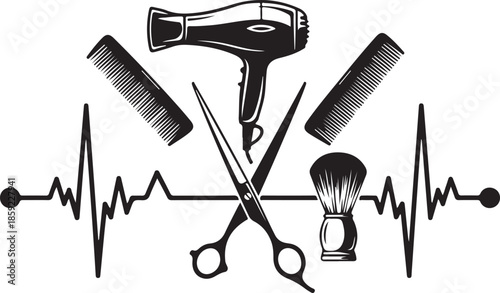 Barber shop heartbeat line concept with grooming tools including hair dryer scissors comb and shaving brush silhouettes