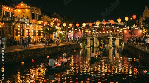 Romantic evening in Hoi An with lanterns and boats on the canal