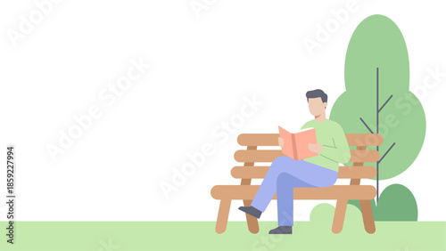 Man Reading a Book on Bench in Park Flat Design Illustration