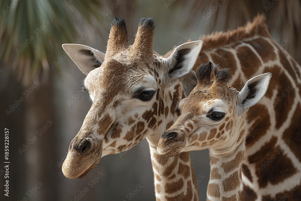 Fototapeta premium Giraffe mother and baby close up portrait showing natural bond and gentle expression in wildlife environment with soft background and detailed fur texture