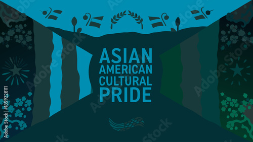 a vibrant teal and dark blue graphic design prominently displays the words asian american cultural pride with stylized floral and geometric patterns surrounding it high quality
