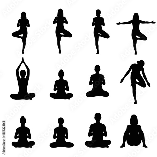 Collection of black yoga silhouette poses for meditation and fitness on a white background featuring tree pose warrior pose and seated meditation