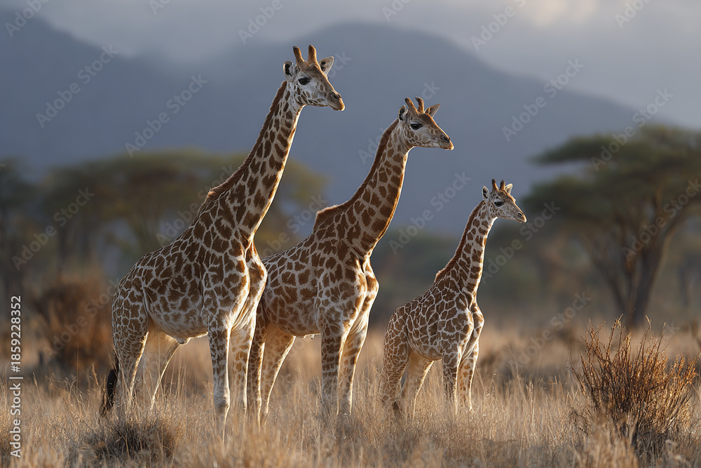 Obraz premium Giraffe family standing together in dry grassland with mountain background during golden hour, peaceful wildlife scene in natural habitat with warm sunlight and soft focus trees