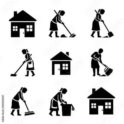 Collection of black icons depicting cleaning activities and houses including sweeping mopping and a bucket