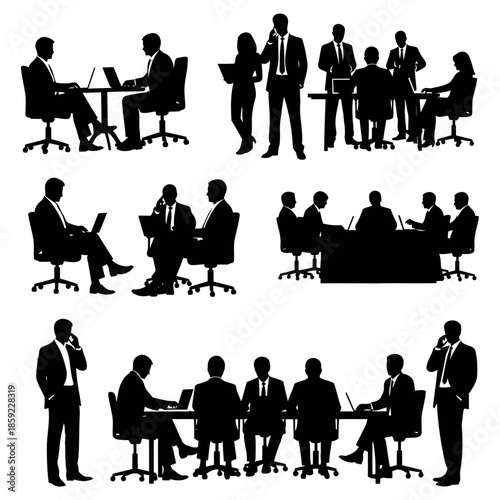 Silhouette collection of diverse business people in various meeting and office scenarios including collaboration and individual work