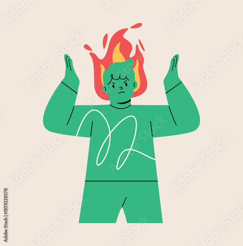 Angry boy with flame. Colorful vector illustration