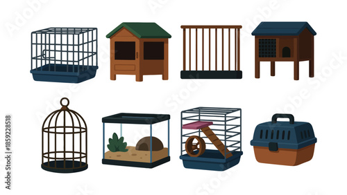A collection of various animal cages and pet carriers is displayed.