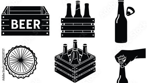 A collection of black and white illustrations related to beer.