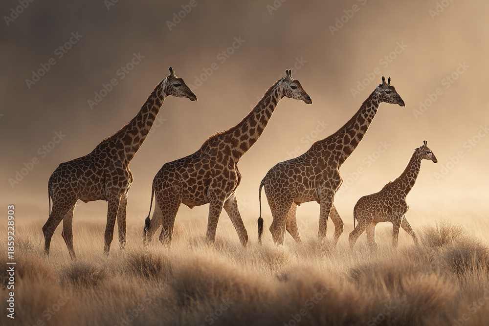 Obraz premium Giraffe family walking in tall dry grass during golden hour with warm light and soft background creating peaceful wildlife safari scene