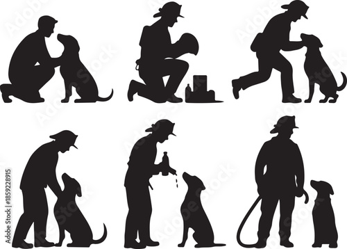 Silhouette set showing firefighter men interacting with rescue dogs during training exercises and care