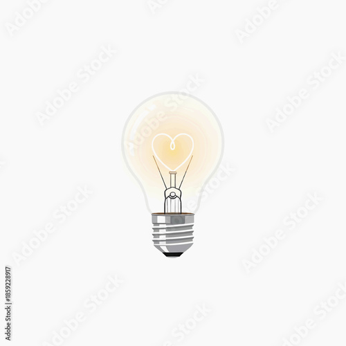 A glowing light bulb with a heart-shaped filament on a white background