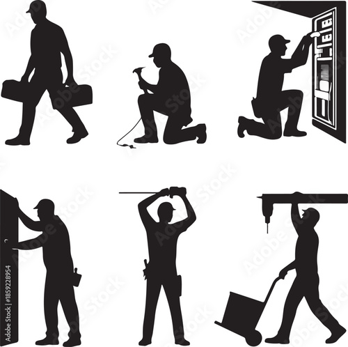 Collection of vector silhouettes depicting construction workers performing various manual tasks with tools and equipment