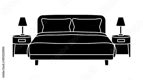 A bed with two nightstands and lamps is depicted in silhouette.