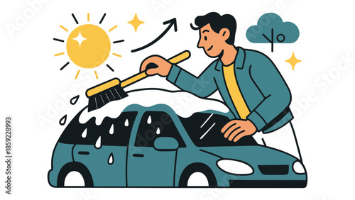 A man washes a car on a sunny day with a brush and soap.