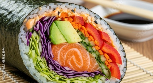 Colorful Sushi Roll with Salmon, Avocado, and Fresh Vegetables.