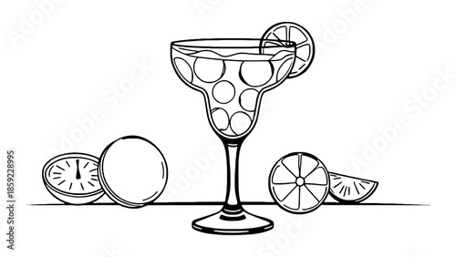 A margarita cocktail with lime slices and a whole lime is depicted.