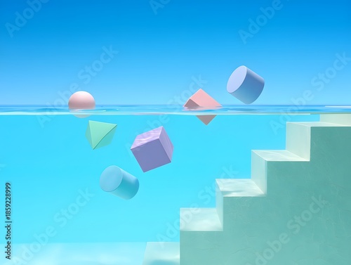 Vibrant geometric shapes float in clear blue water