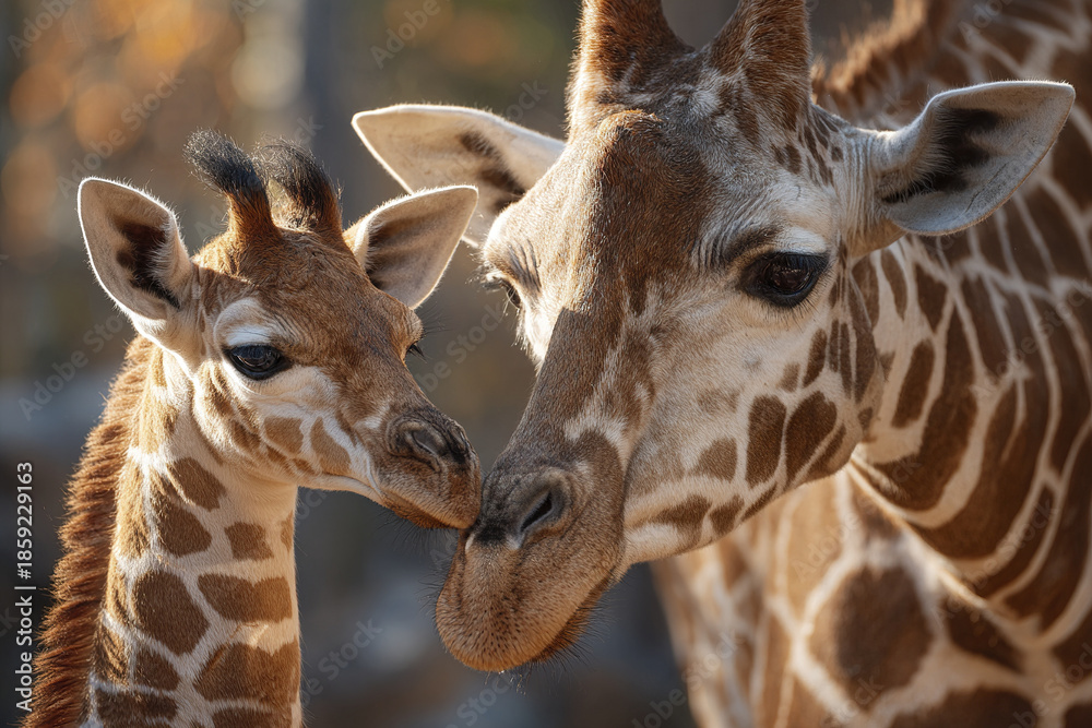 Naklejka premium Giraffe baby and adult close up with natural light showing affectionate moment in wildlife environment