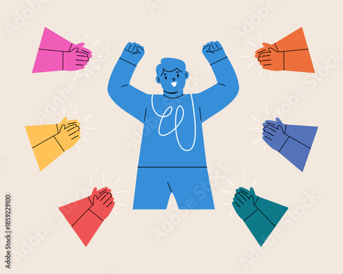 Boy happy with applause review and appreciation. Colorful vector illustration
