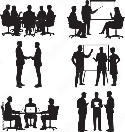 Diverse business team silhouettes engaged in various professional office discussions presentations and interactions
