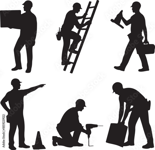 Construction worker silhouettes showing building maintenance repair and manual labor activities on site