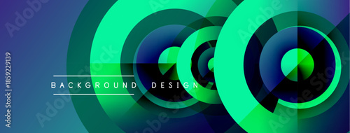 Abstract circles overlap, creating vibrant blue, green gradients. Text reads background design centered within composition. Modern, dynamic visual.
